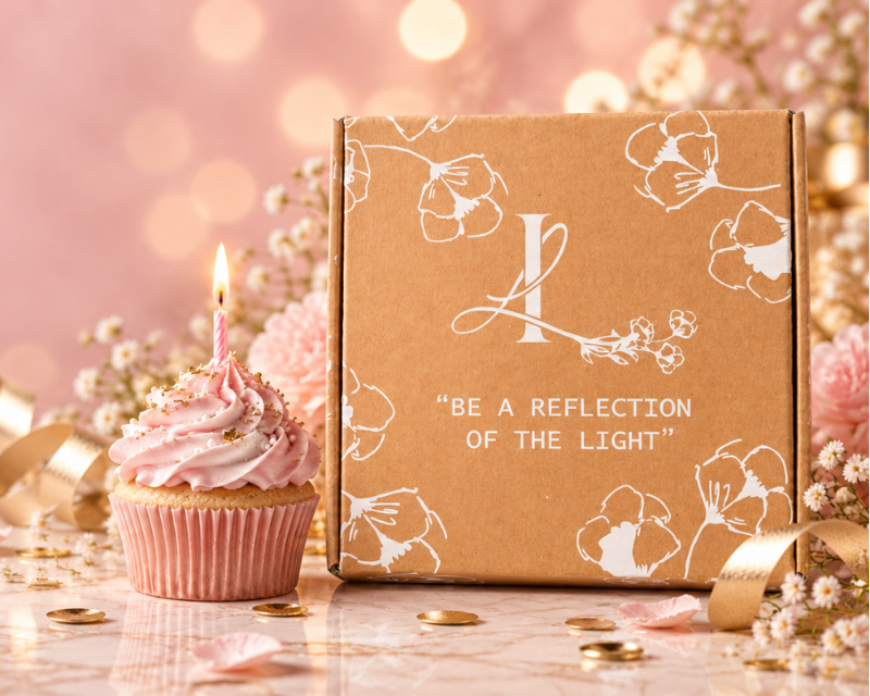 A pink frosted cupcake with a single lit candle sits beside a kraft paper gift box printed with white floral line art and the phrase “BE A REFLECTION OF THE LIGHT.” The scene is styled on a light marble surface with gold confetti, ribbons, and soft pink bokeh lights in the background.