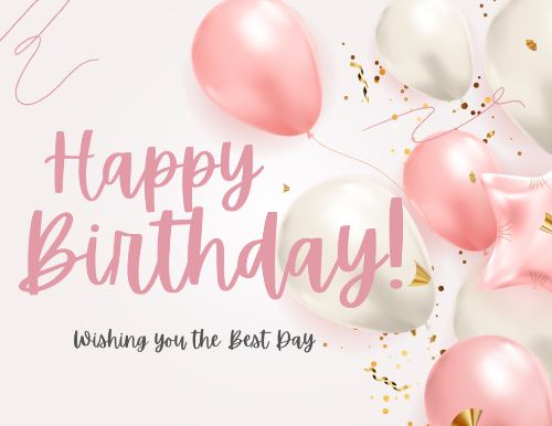 Happy Birthday card with pink and white balloons and confetti on a light background.